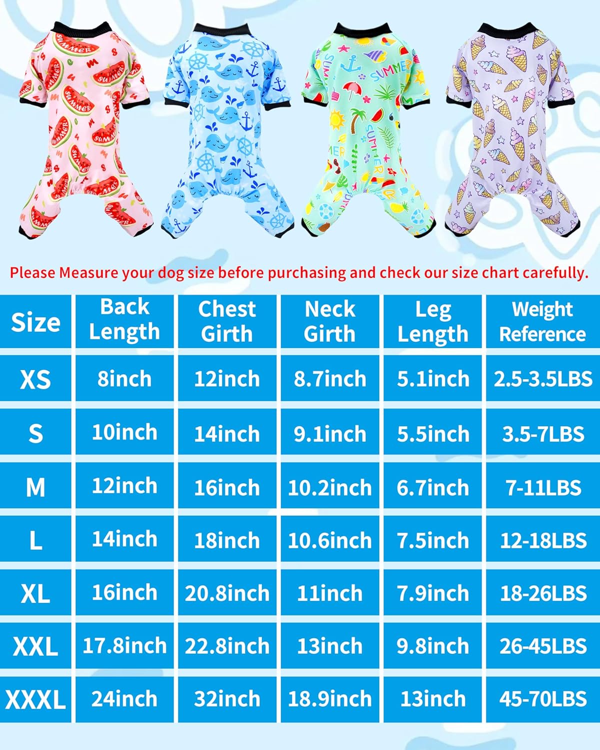 PET SHOW 4 Pack Small Dog Pajamas for Medium Dogs Girl Boy Watermelon Soft Stretchy PJs Whale Ice Cream Jumpsuit Puppy Floral Onesies Outfits with Sleeve Pets Breathable Summer Dog Clothes Costume L