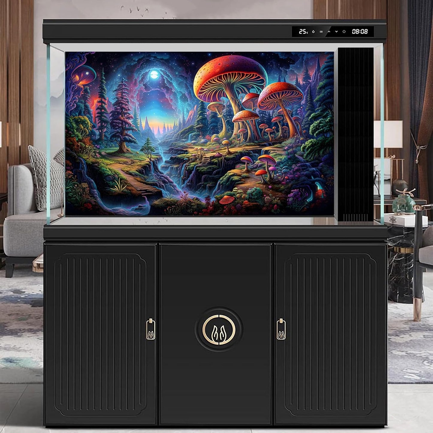 Forest Aquarium Background Fantastic Cartoon Forest Landscape with Mushrooms and Flowers Terrarium Background Fantasy Pine Tree Mysterious Mushroom Theme Fish Tank Backdrop Poster Decor 60x24in