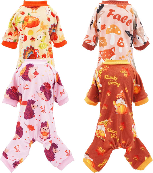 PET SHOW 4 Pack Fall Small Dog Pajamas Thanksgiving Clothes for Medium Dogs Girl Boy Soft Stretchy PJs Autumn Jumpsuit Puppy Onesies Outfits with Sleeve Pets Dachshund Costume L