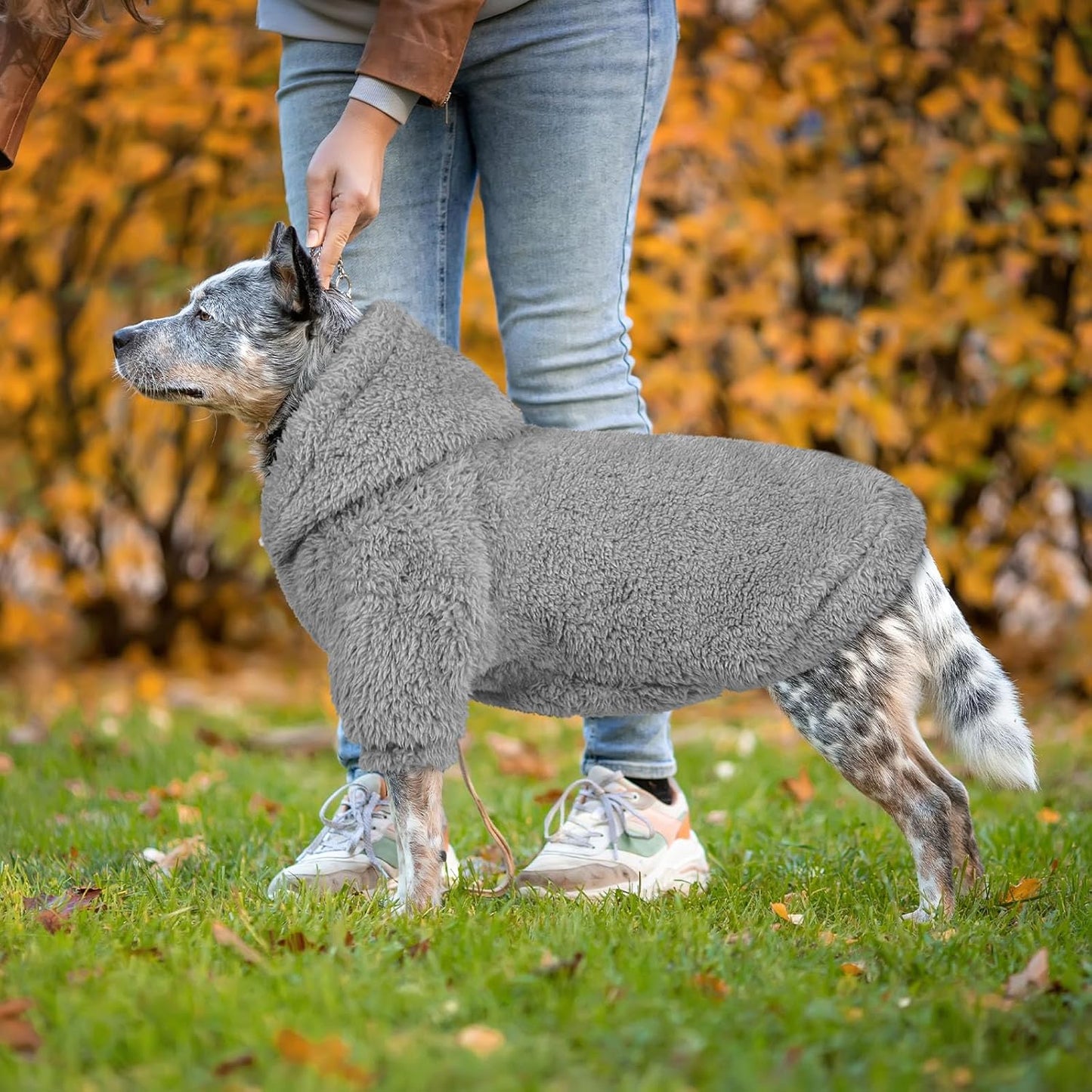 Fuzzy Dog Sweaters for Large Dogs Dog Hoodie Soft Double-Sided Plush Pet Sweater Fleece Clothes Coats Pet Hoodie Sherpa Hooded Sweatshirt(Grey-XL)