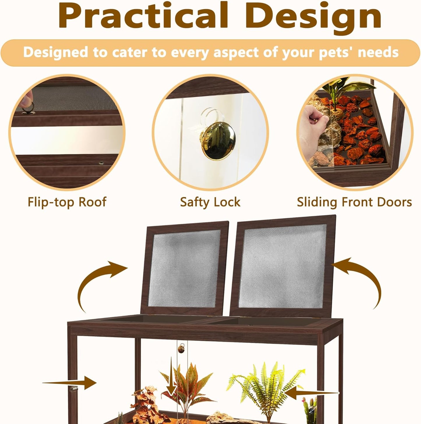 PROLEE Bearded Dragon Tank,27 Gallon Reptile Tank with Meatl Mesh Roof and Front Sliding Door, Anti-Scratch Lizard Tank,Spacious Reptile Enclosure for Snakes,Lguanas, Chameleons(Walnut)