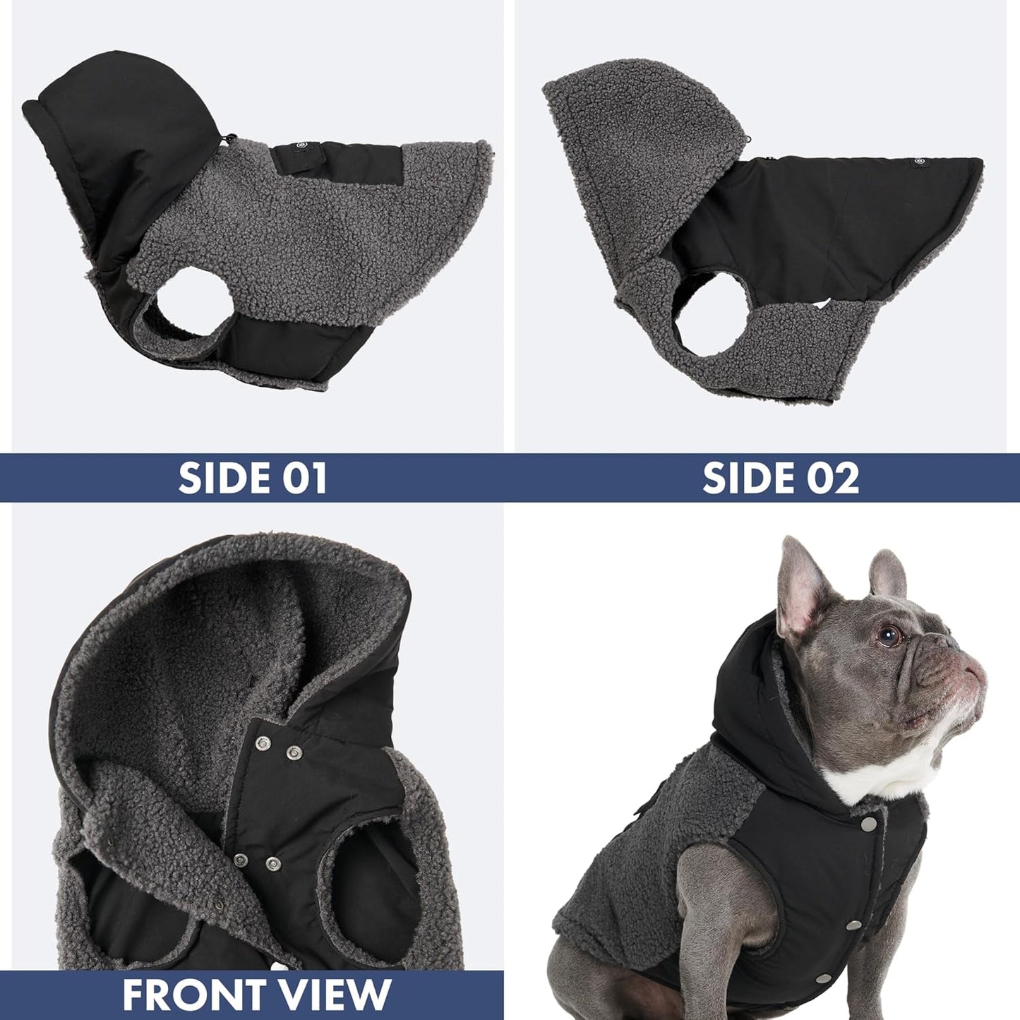 Spark Paws Reversible Dog Sweater, Sherpa Jacket Vest with Warm Fleece Lining, Warm Coat for Winter, Suitable for Small Medium, Large, XL XXL Dogs - Black and Grey - 2XL