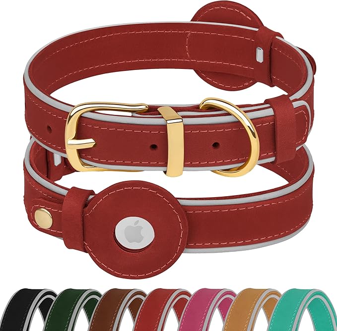 OOPSDOGGY Reflective Geniune Leather Airtag Dog Collar Soft Padded Collars for Small Medium Large Breed Dogs Puppy, 4 Sizes, 7 Colors (Red, Medium, 12"-15")
