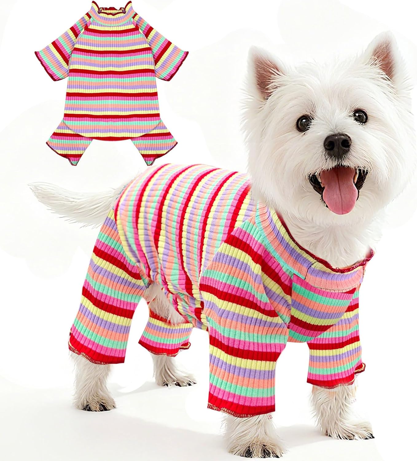 BAEJMJK Striped Dog Pajamas Stretchy Cute Four-Legged Boy Girl Dog Clothes with Sleeves Comfortable Dogs Jumpsuit Colorful Pet Puppy Outfits Apparel for Small Medium Dogs Cats(Red,Small)