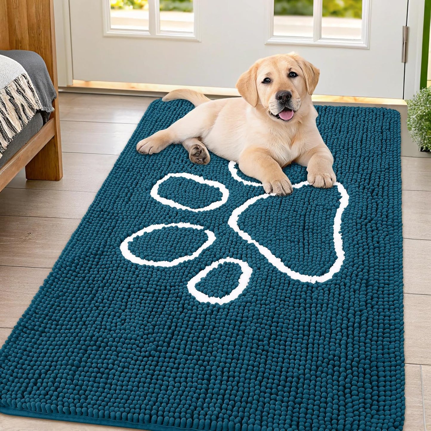 Smiry Dog Door Mat for Muddy Paws, Absorbent Dirt Trapper Non Slip Quick Dry Washable Chenille Mat for Mud Dogs, Entry Rug for Indoor and Outdoor (47x32 Inches, Atlantic Blue)