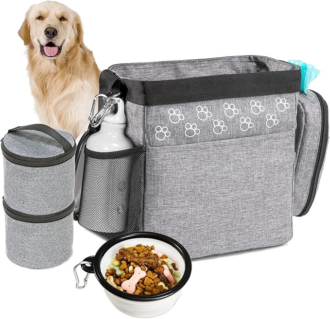 Dog Travel Bag with Treat Pouch, Airline Approved Dog Bags for Traveling, 2 Dog Food Travel Container, 2 Travel Bowls, Weekend Dog Travel Bag for Supplies, Dog Travel Kit Accessories