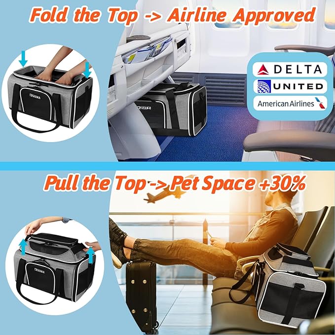 Petskd Top-Expandable Pet Carrier 18x11x11 Inches Delta American United Airline Approved, Soft-Sided Carrier for Small Cats and Dogs with Locking Safety Zippers and Anti-Scratch Mesh(Grey)