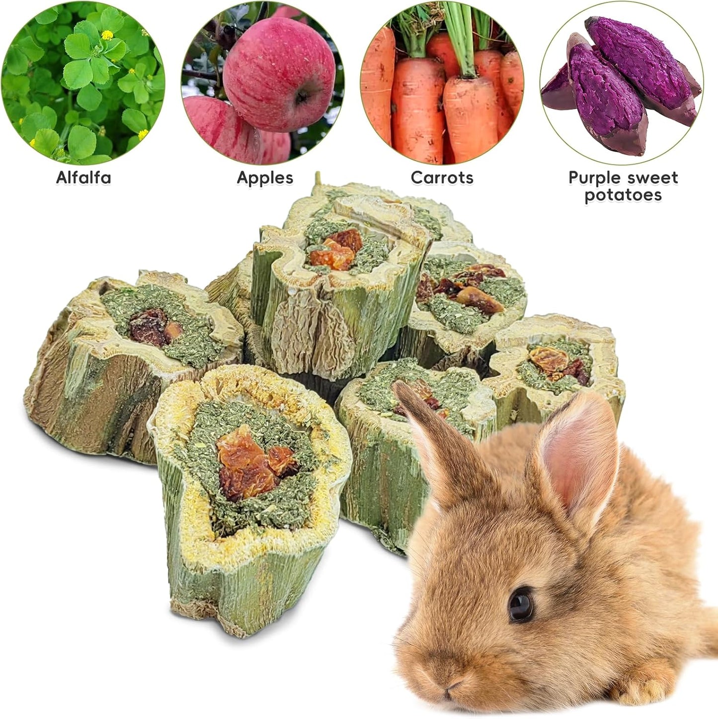 Fhiny Rabbit Chew Toys Natural Baked Papaya Wood Bunny Molar Treats Contain Alfalfa Grass Apple Carrot and Purple Sweet Potato Filling for Hamsters Guinea Pigs Chinchillas Teeth Grinding(0.44 lb)