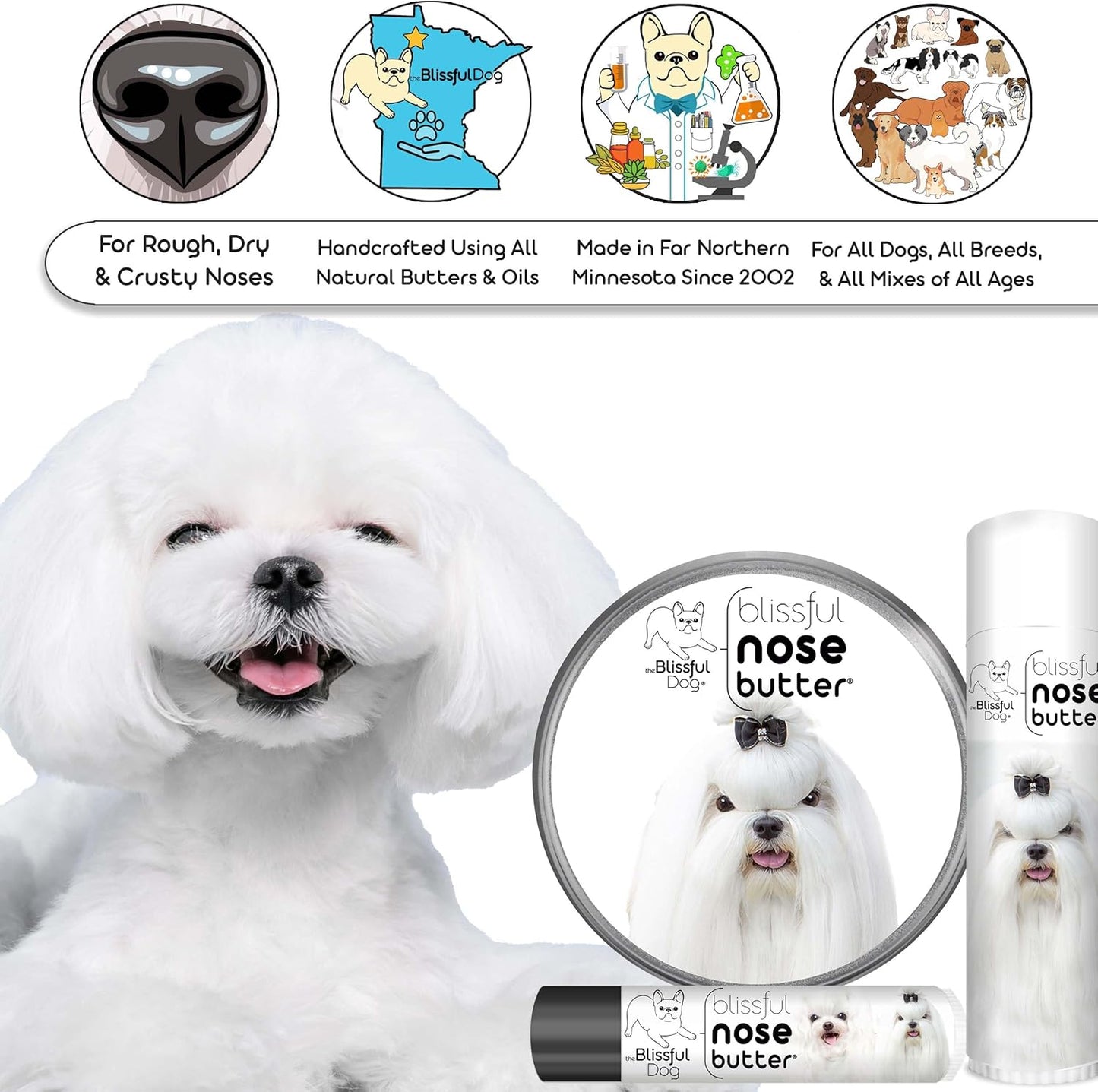 The Blissful Dog Maltese Nose Butter for Dry, Cracked Skin, Lick-Safe Dog Nose Balm with Moisturizing Shea Butter, Almond, Olive, and Essential Oils, Pet Supplies, Uncented, 2 oz.