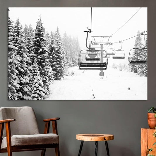 Nature Wall Art Prints - Ocean Forest Mountain Lake Canvas Landscapes - Small to Extra Large Living Room Bedroom Kitchen Bathroom Décor (Ski Lift on Snowy Mountain, 28L" x 41W")