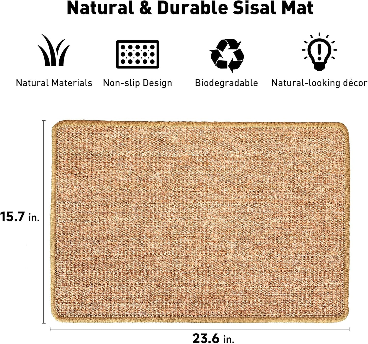 FUKUMARU Cat Scratcher Mat, 23.6 X 15.7 Inch Natural Sisal Cat Scratch Mats, Horizontal Cat Floor Scratching Pad Rug with Sticky Tapes, Protect Couch and Carpets