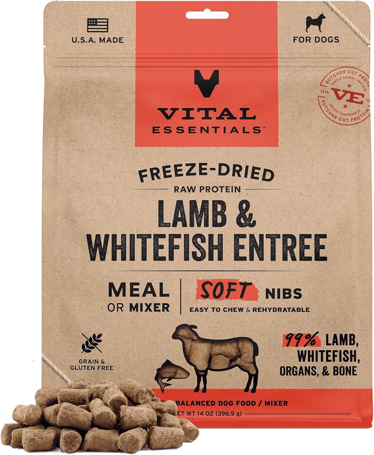 Vital Essentials Freeze-Dried Raw Lamb & Whitefish Meal or Mixer Dog Food Soft Nibs | 99% Lamb, Whitefish, Organs & Bone| 14 oz