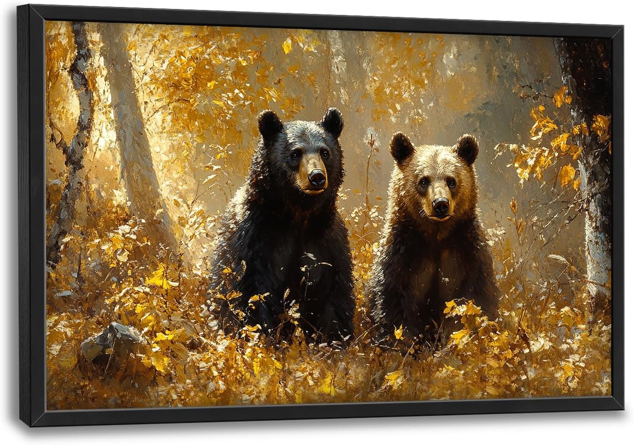 Large Forest Bear Wall Art for Living Room, Black Bear Autumn Canvas Oversized Wall Decor, Wildlife Framed Pictures Painting Print Artwork for Bedroom Office 36L" x 24W"