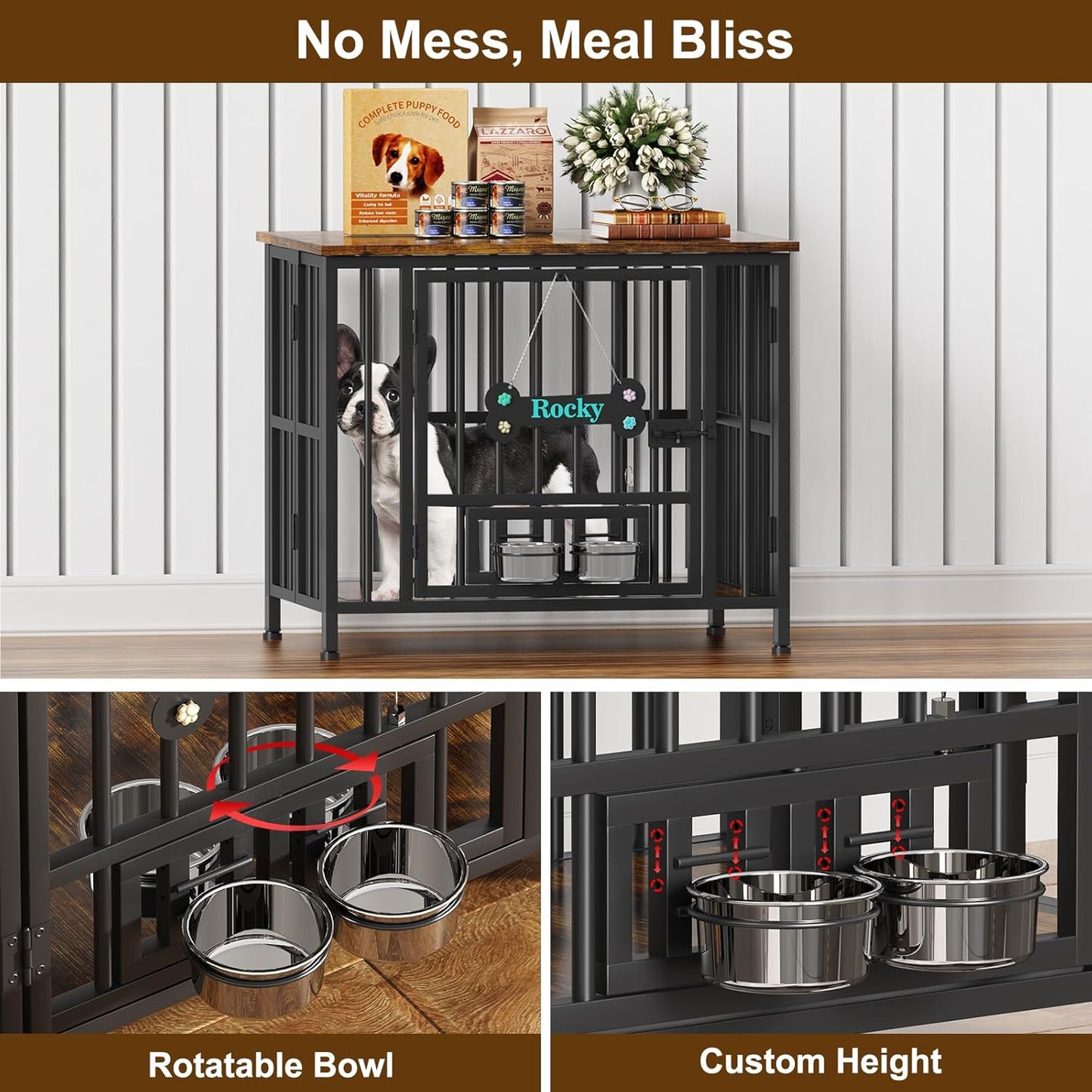 Easycom 31" Dog Crate Furniture Foldable, No Assembly Decorative Dog Kennel Indoor, Dog Crates for Medium Dogs, Wooden Dog Cage with Adjustable Bowls and Name Tag, End Table, Rustic Brown