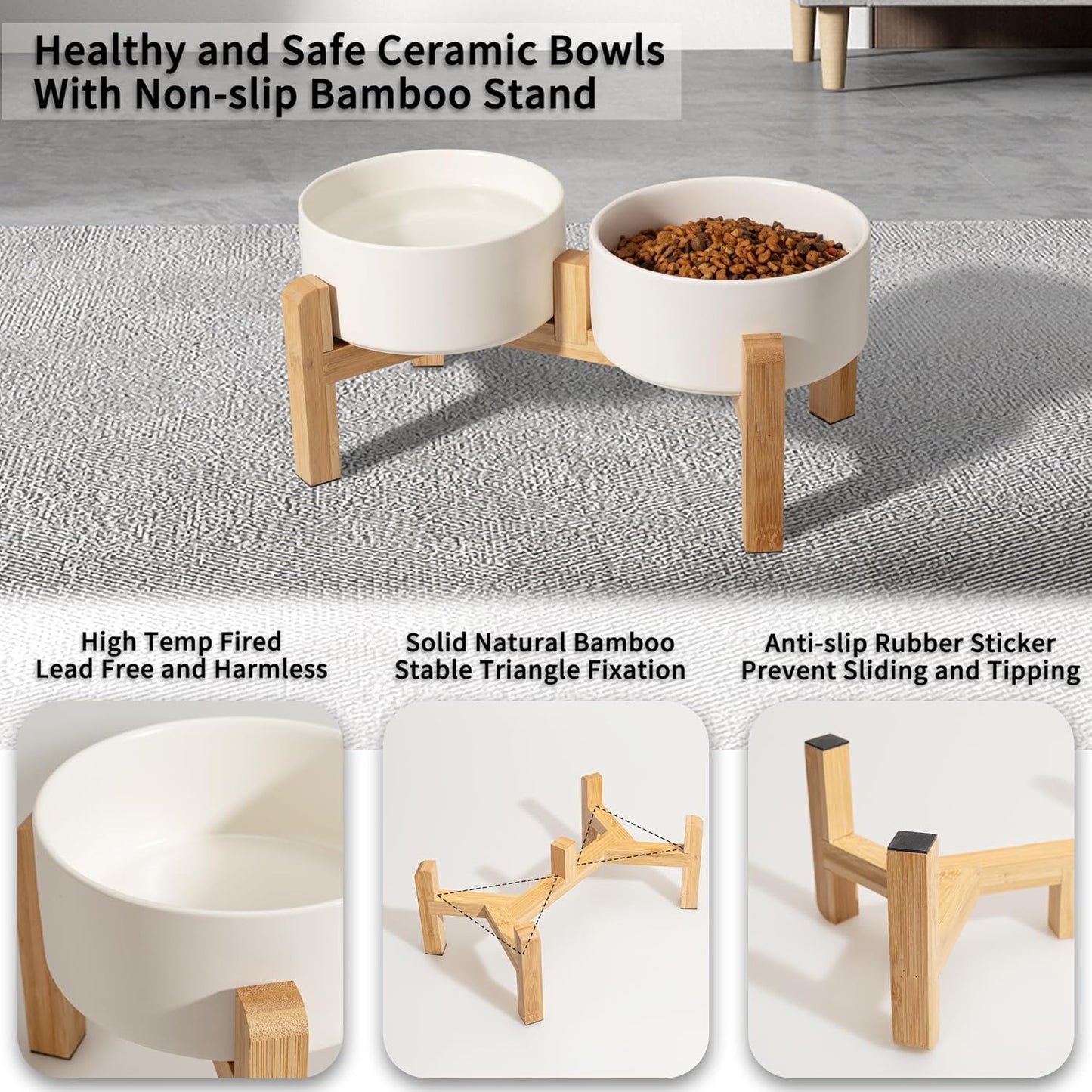 Elevated Ceramic Dog Bowl Set - Raised Dog Bowls with Non-Slip Bamboo Stand - Dog Food and Water Bowl Set - Double Dog Feeding Bowls - Suitable for Small and Medium Dogs - 28.74 OZ - 3.6 CUPS - 850 ML