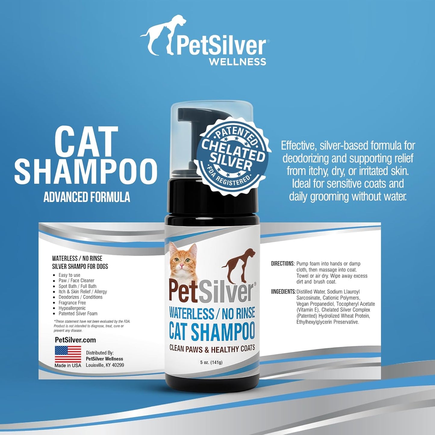 PetSilver Waterless Cat Shampoo - No Rinse Bath & Dry Shampoo for Cats - Long-Haired & Sensitive Skin - Cleans, Conditions & Moisturizes - Hypoallergenic & Fragrance-Free - Patented Formula - 5 fl oz