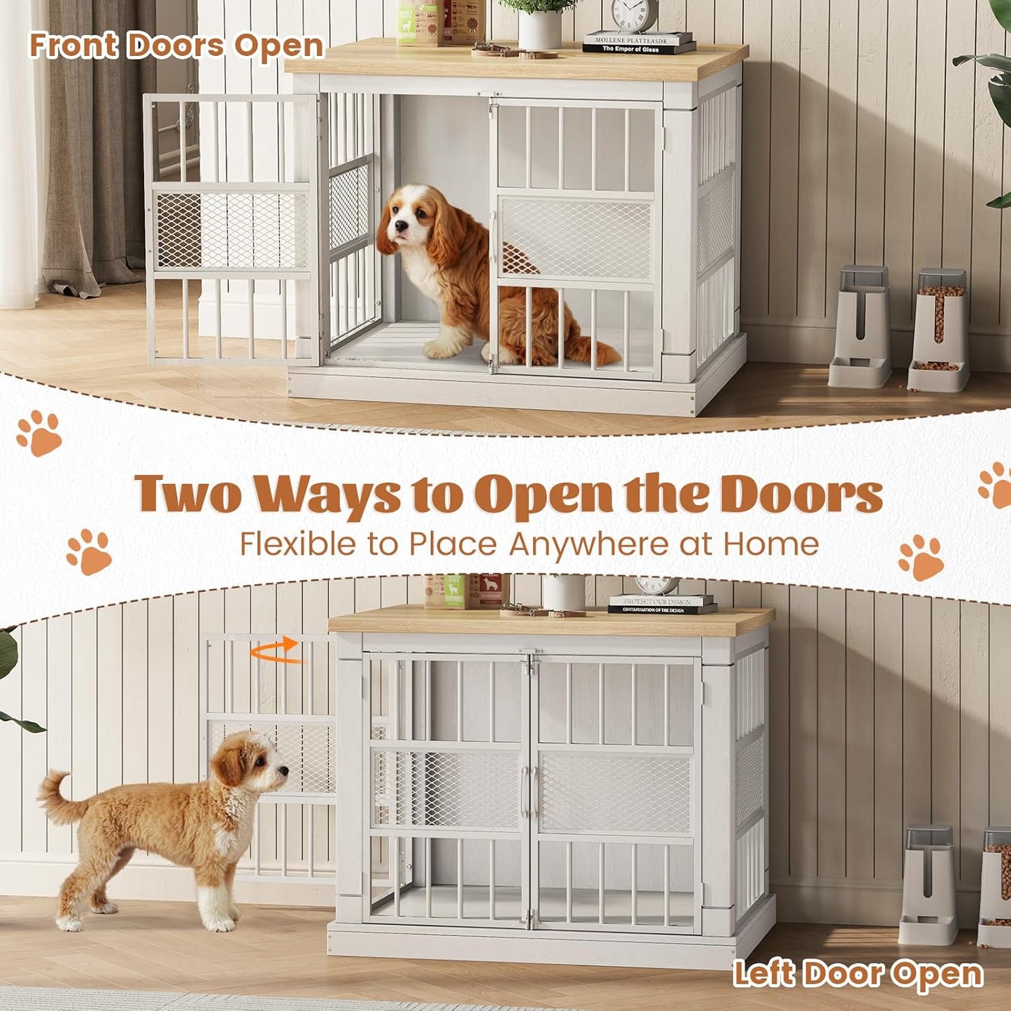 VOPEAK 27.5" Dog Crate Furniture, Chew Resistant Dog Crate for Small Dogs Puppy, Heavy Duty Dog Crates Dog Kennel Cage Indoor with Double Doors, Wooden End Table for Bedroom Living Room, White