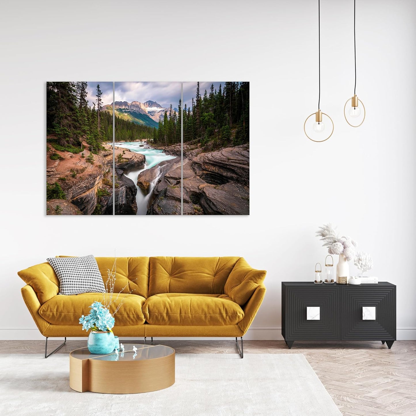Nature Wall Art Prints - Ocean Forest Mountain Lake Canvas Landscapes - Small to Extra Large Living Room Bedroom Kitchen Bathroom Décor (Mountain River Waterfall, 55L" x 83W"- 3 Panels)