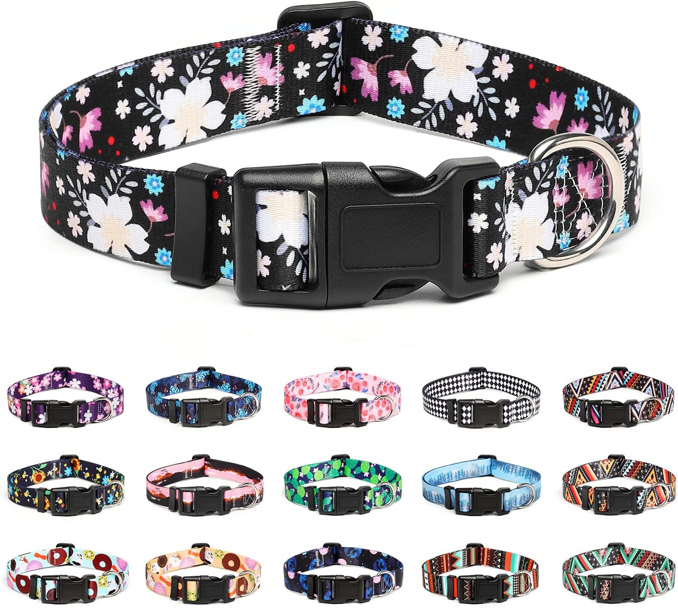 Mercano Adjustable Dog Collar - Special Design Patterns, Soft Nylon Comfortable Durable Pet Collar for Small Medium Large Dogs (L, Floral White)