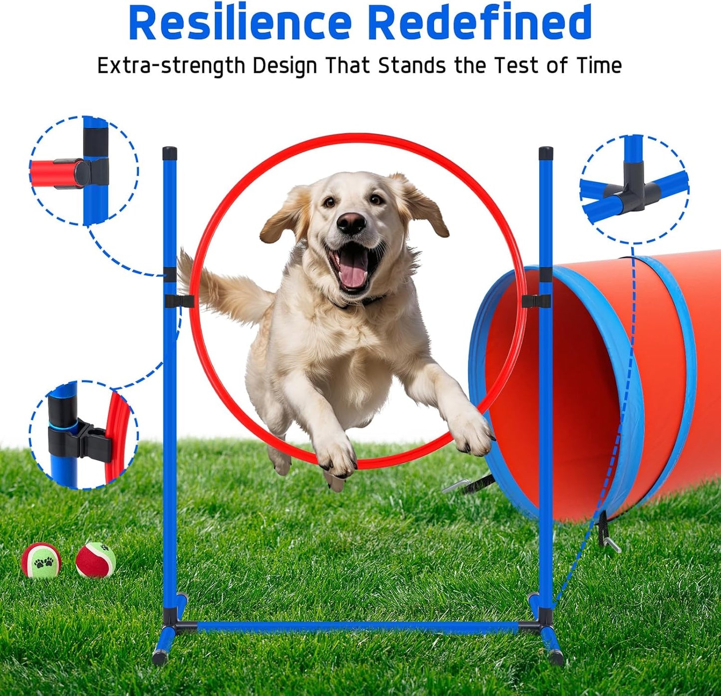 Dog Agility Equipment, Dog Agility Course Backyard Set Obstacle Course Backyard Includes Adjustable High Hurdle,6 Weave Poles,Extended Tunnel,Jump Ring,Square Pause Box,2 Balls,Whistle,2 Carrying Bags