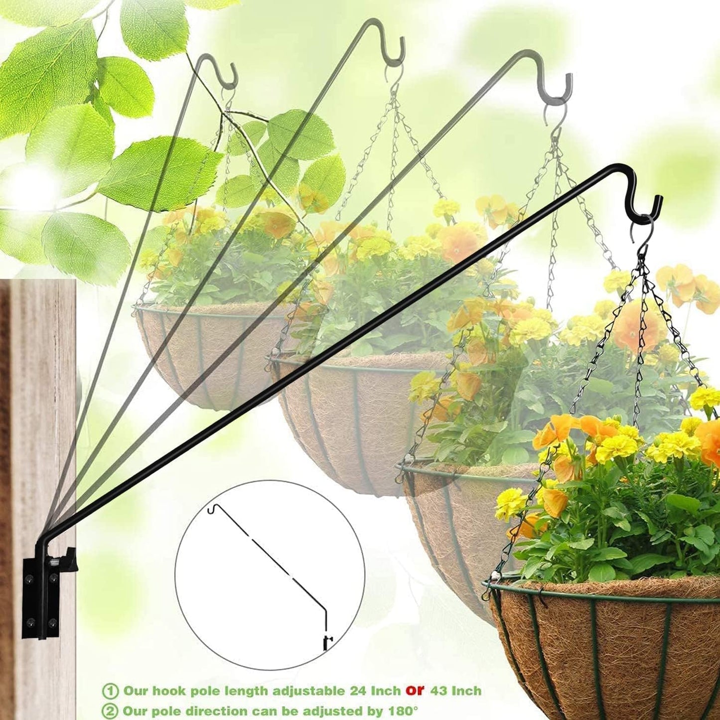 MIXXIDEA 2 Packs Heavy Duty Extended Reach Wall Mounted Deck Hook Wall Pole, Wall Bracket Direction and Length Adjustable Plant Bracket for Bird Feeders, Planters, Suet Baskets, Lanterns, Wind Chimes