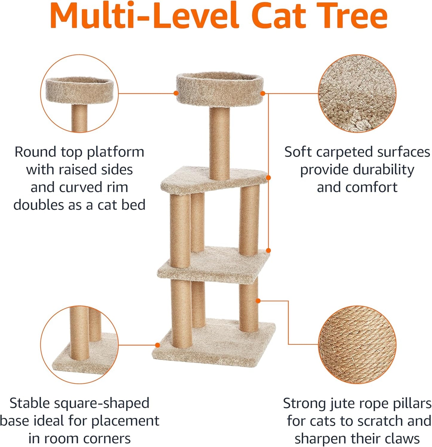 Amazon Basics Cat Tree - Indoor Cat & Kittens Multi-Level Climbing Activity Tower with Scratching Posts, Large (45.9"H) - Beige