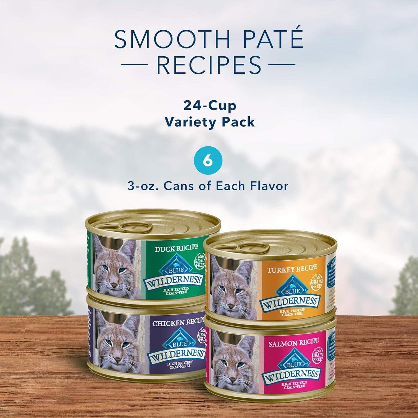 Blue Buffalo Wilderness High Protein Grain Free, Natural Adult Pate Wet Cat Food Variety Pack, Chicken, Salmon, Duck, and Turkey, 3-oz Can, 24 Count