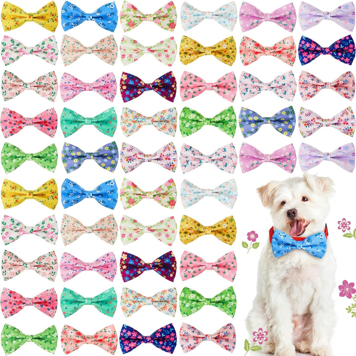 Hillban 50 Pieces Floral Collar Dog Bow Ties Flower Dog Collar Accessories Bow Ties Attachment with Elastic Bands Detachable Charms for Pets Accessories Summer Costume