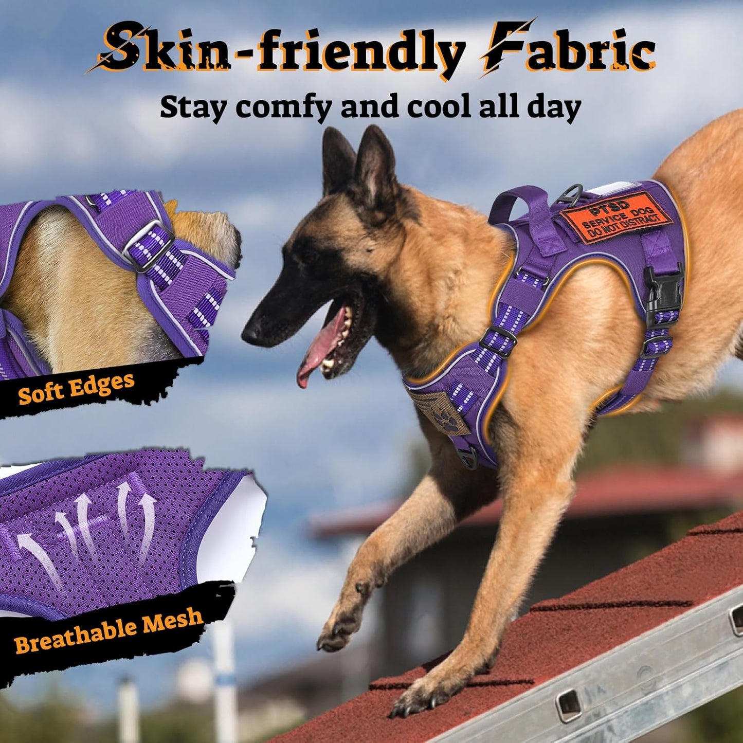 rabbitgoo Dog Harness Small Sized No Pull, Tactical Service Pet Vest with Molle and Control Handle, Adjustable and Reflective Military Harness for Easy Walking and Training, Purple, S