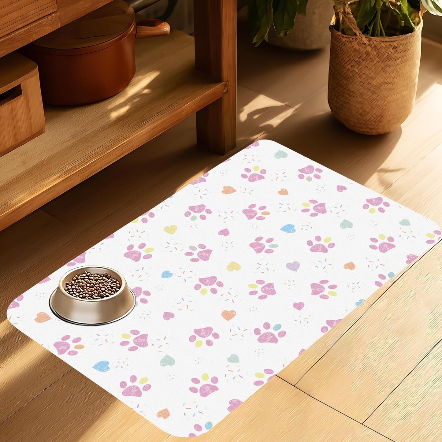 Pink Dog Paw Pet Feeding Mat for Floors-Absorbent Dog Bowl Mat for Food and Water, Quick Dry Pet Cat Feeding Mats with Non Slip Bottom, Mess-Free Dog Accessories 16"x24"