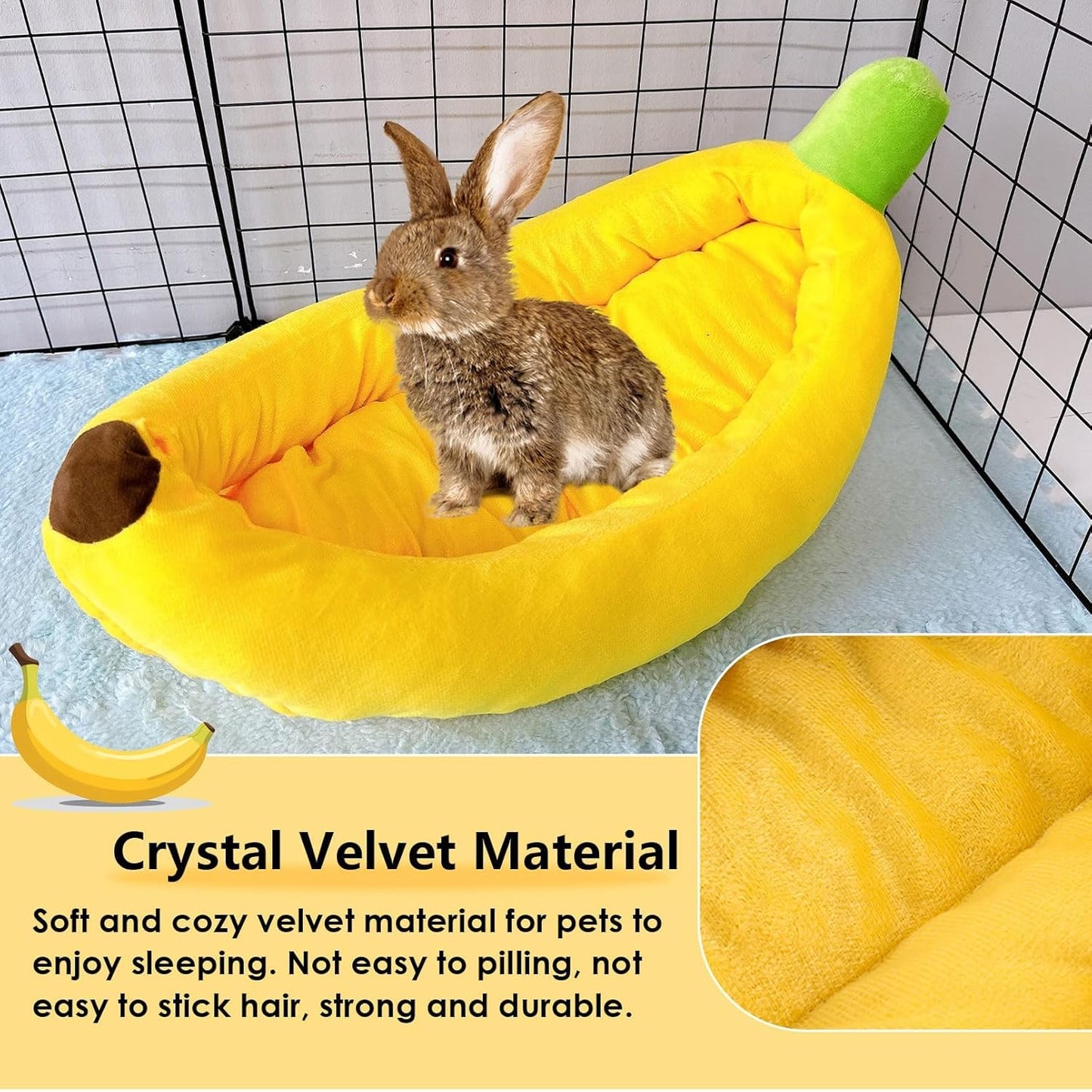 Bunny Bed,Rabbit Bed,Thick&Soft with Removable Mat,Machine Washable Guinea Pig Cushion,Cozy Bunny Plush House,Warm Small Animal Sleeping Beds(Yellow Banana Shape-M)