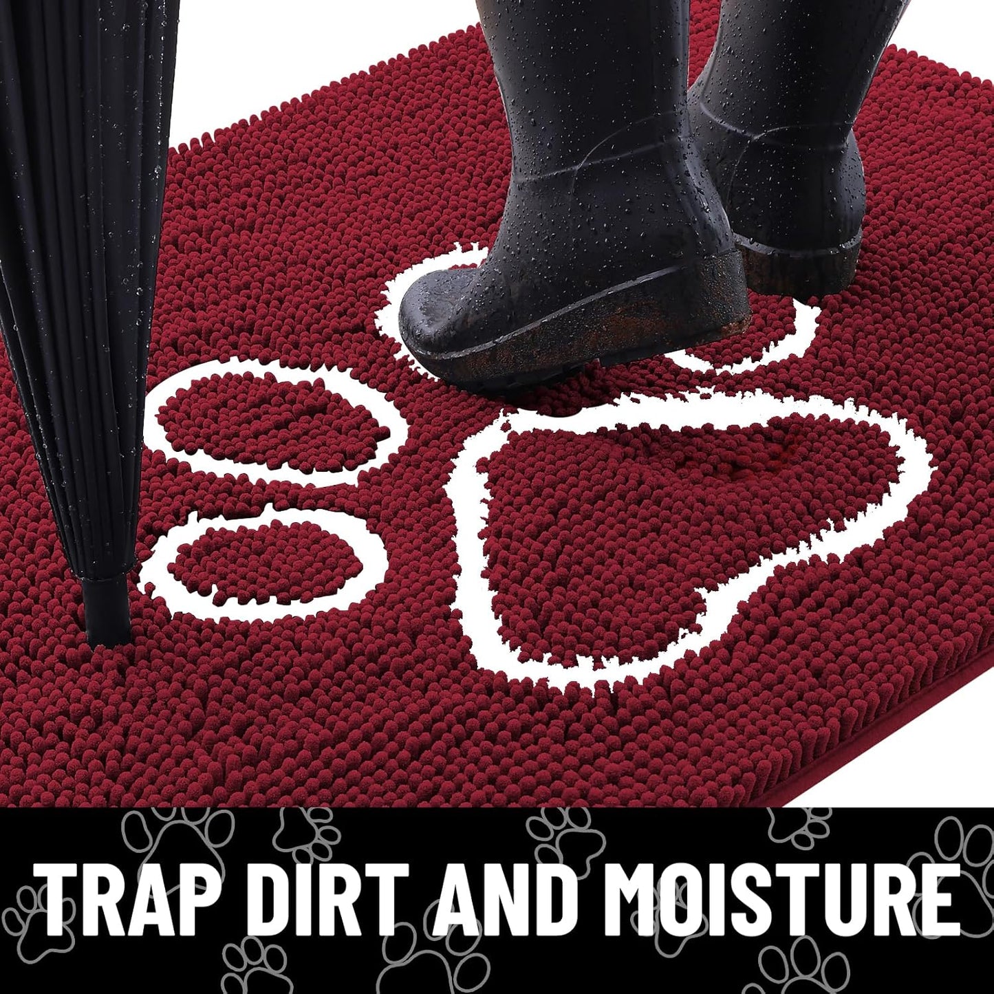 Smiry Dog Door Mat for Muddy Paws, Absorbent Dirt Trapper Non Slip Quick Dry Washable Chenille Mat for Mud Dogs, Entry Rug for Indoor and Outdoor (24x16 Inches, Burgundy)