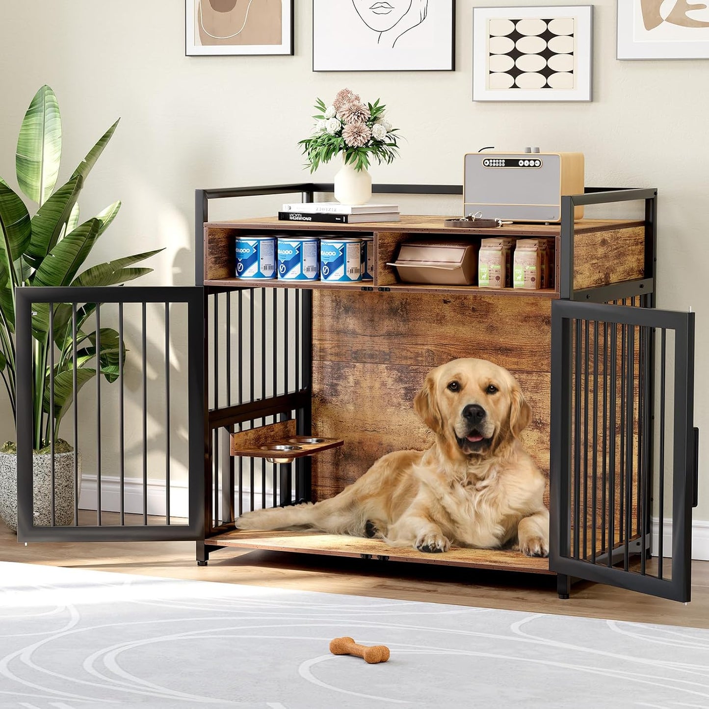 Furniture Style Dog Crate with Storage, 48 Inch Dog Crate Furniture with Double Doors, 2 Stainless Steel Bowls, Dog Crate Furniture-Style Crate for Large/Medium Dog