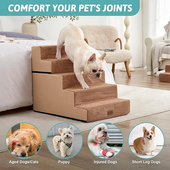 Dog Stairs for Small Dogs, 5 Tier Removable Wider Pet Stairs for Couch and Bed, 23.6" H Non-Slip Dog Steps for Puppies and Old Cats with Support Board, 29.5x19.7x23.6 inch, Light Brown
