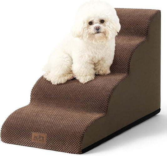 Dog Stairs for Small Dogs 19.7" H, Curved Dog Step for Puppy, Older or Cat, Medium Pet Ramp for Sofa, Couch or Bed, Ladder with High Density Foam, 15.7x28.3x19.7 inch, 4 Step, Brown