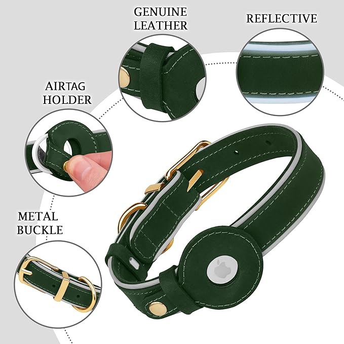OOPSDOGGY Reflective Geniune Leather Airtag Dog Collar Soft Padded Collars for Small Medium Large Breed Dogs Puppy, 4 Sizes, 7 Colors (Green, Large, 15"-19")