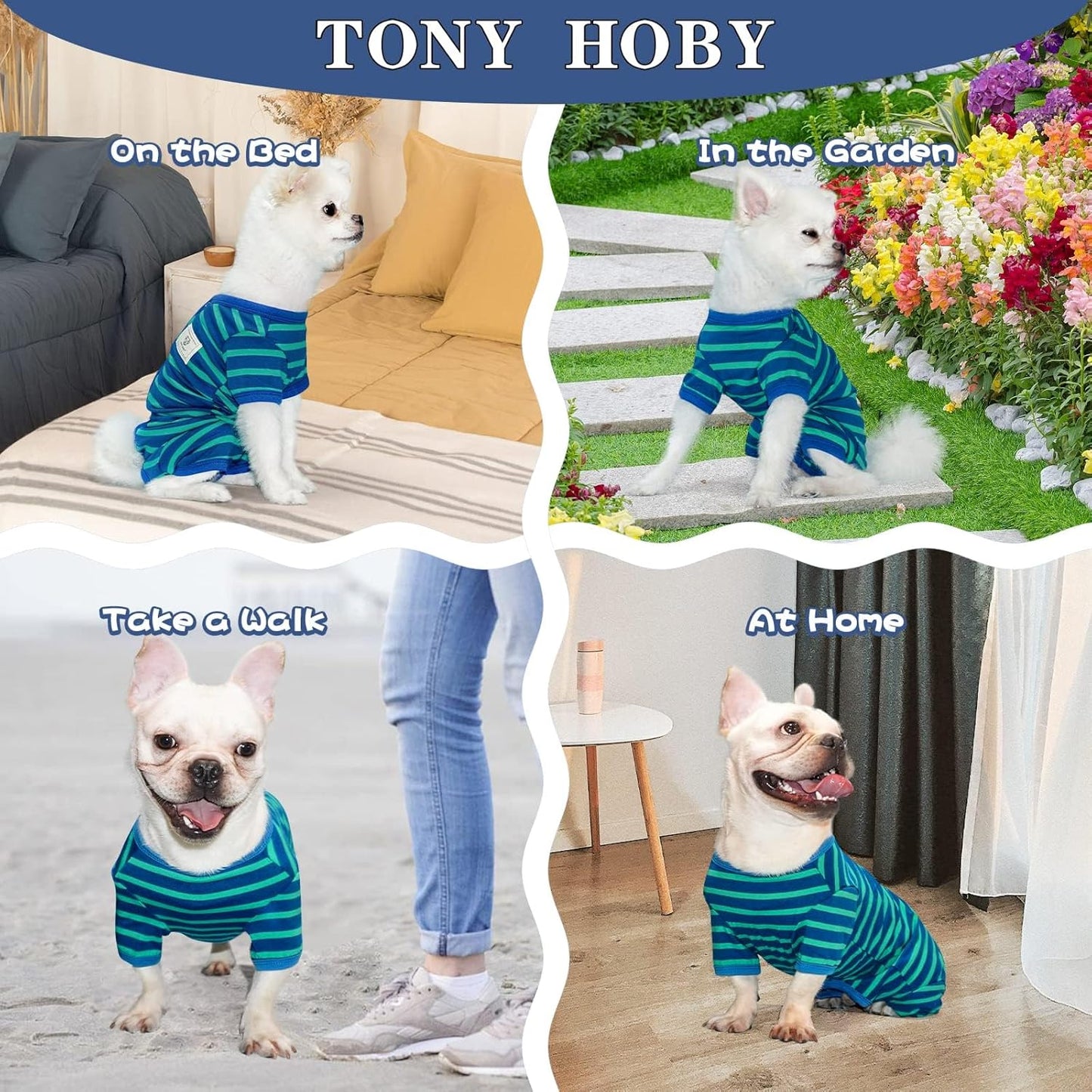 TONY HOBY Dog Pajamas for Female/Male, Dog Jumpsuit with Stripes for Small Medium Dogs, Soft and Comfortable 4 Legged Pajamas Dogs Clothes (Blue&Green, Boy, XS)