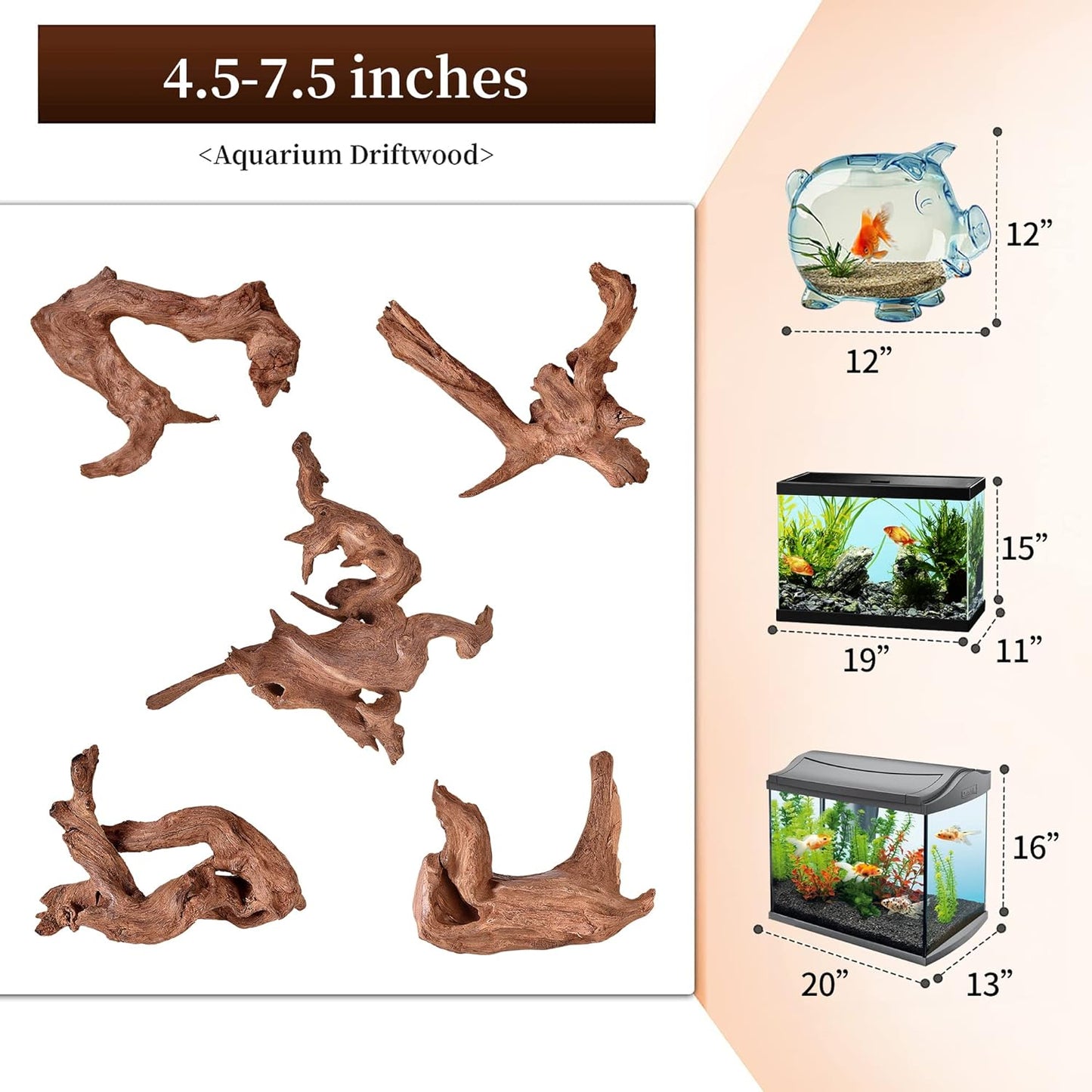 majoywoo Natural Small Coral Driftwood for Aquarium Decor Fish Tank Decorations, Assorted Driftwood Branch 4.5-7.5" 5 Pcs, Reptile Decor