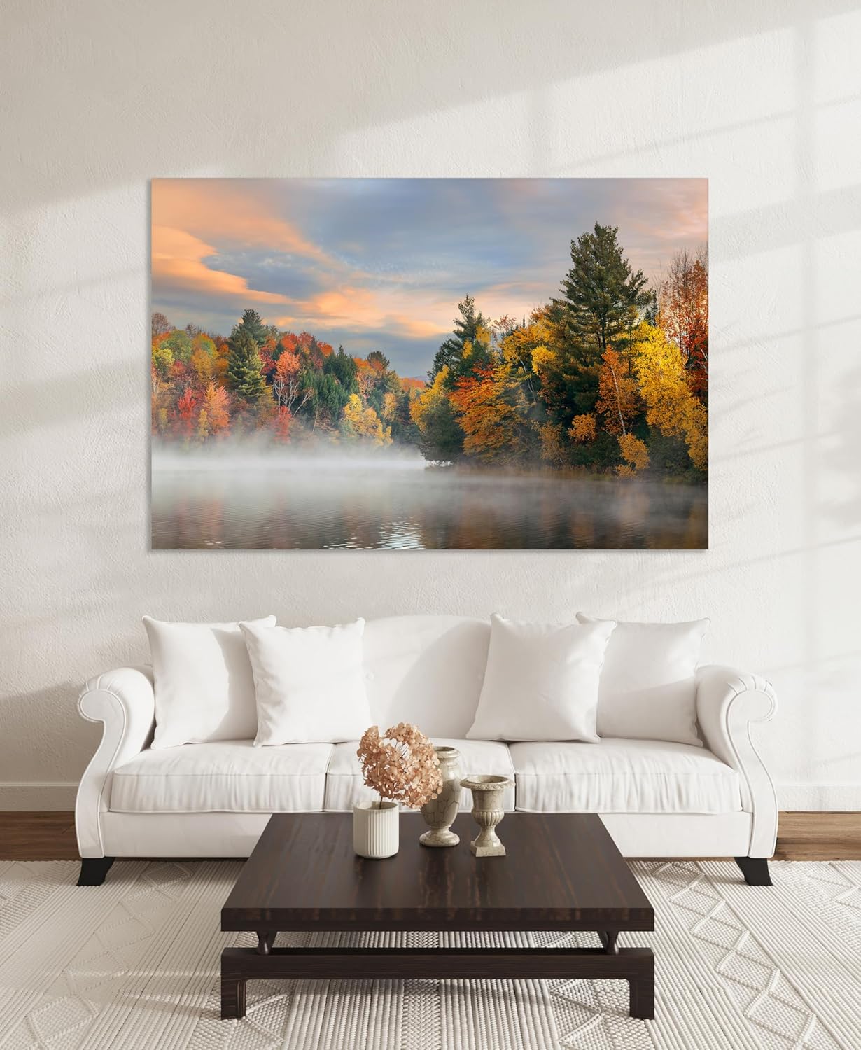 Nature Wall Art Prints - Ocean Forest Mountain Lake Canvas Landscapes - Small to Extra Large Living Room Bedroom Kitchen Bathroom Décor (Misty Fall Reflection, 28L" x 41W")