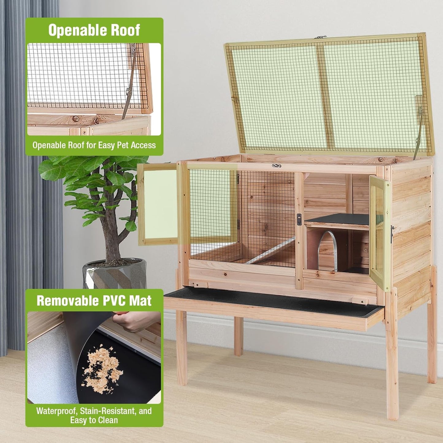 GUTINNEEN Indoor Guinea Pig Cages - Wooden Rabbit Cage Bunny Hutch with Chew-Proof Ramp, Pull-Out Tray, Leakproof PVC Layer & Detachable Legs for Rabbits, Guinea Pigs (Natural Wood)