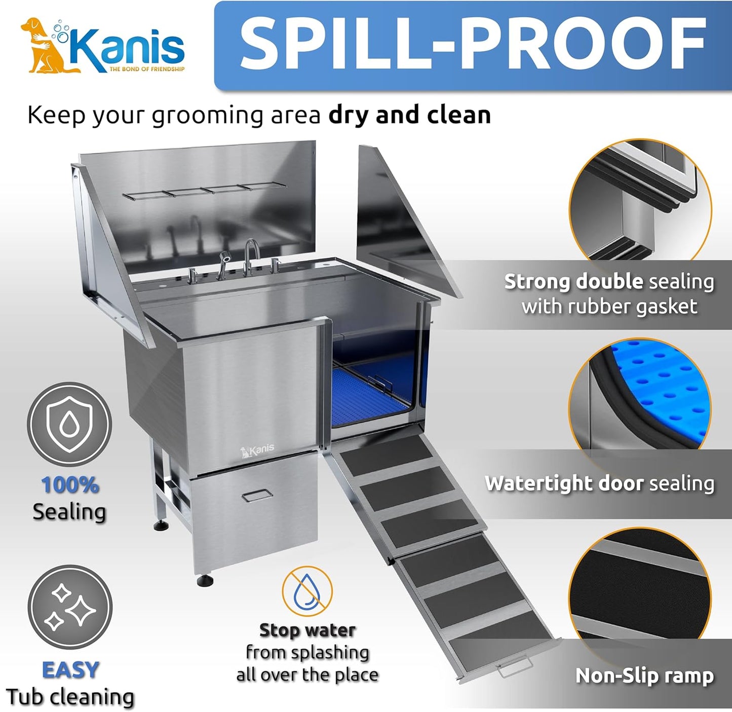 KANIS Professional Dog Washing Station - 304 Stainless Steel Pet Wash Sink & Grooming Bath Tub for Home with Ramp, Shower, Floor Grate, Storage Drawer, Faucet, Drain Kit for Large, Medium & Small Pets