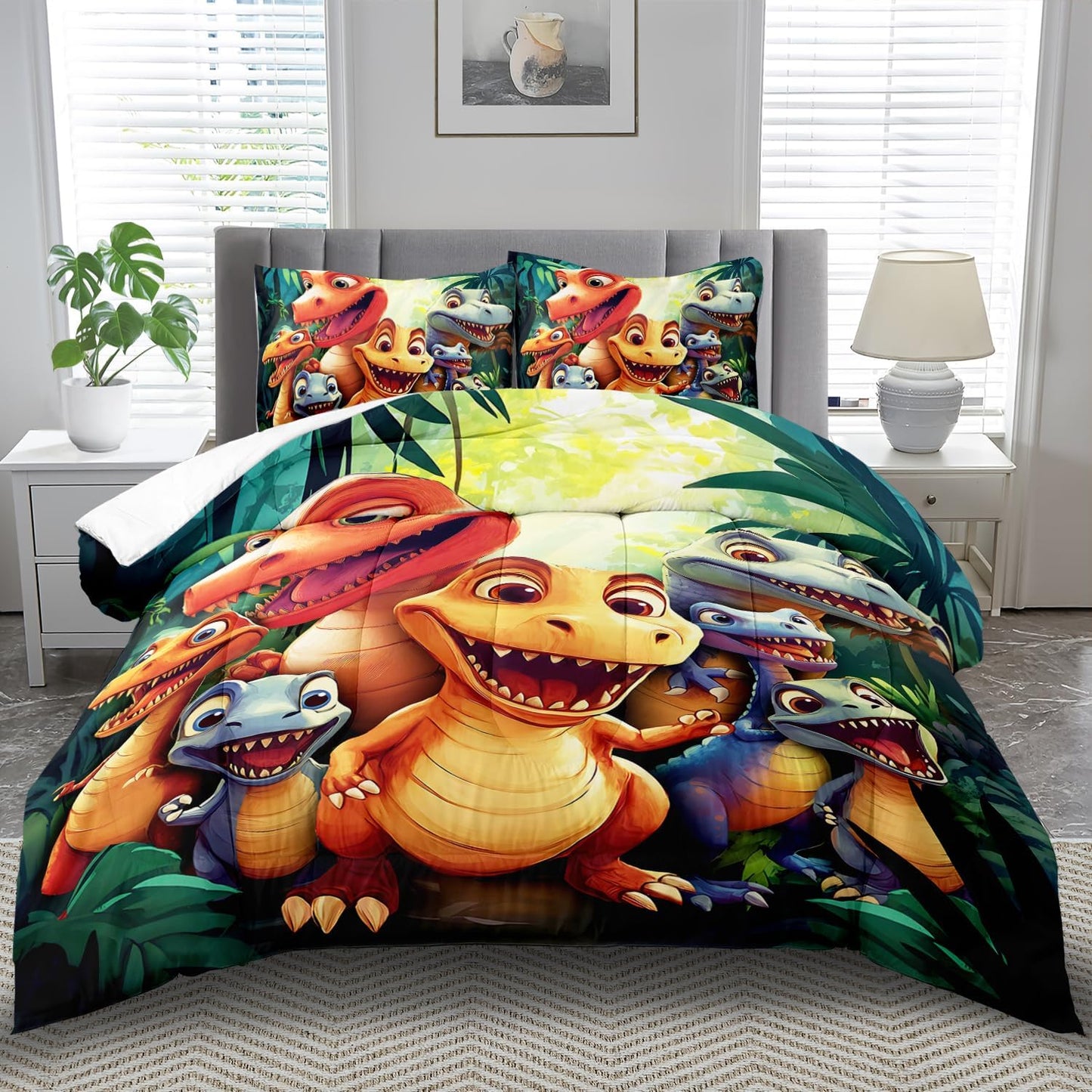 Dinosaur Comforter Set Full Boys,Cartoon 3D Dinosaur Bedding Set Full Bed Kids,3D Dragon Comforter Dragon Quilt Pattern Bedroom Decor,Cute Animal Bedding Kawaii Animal Quilt Girls