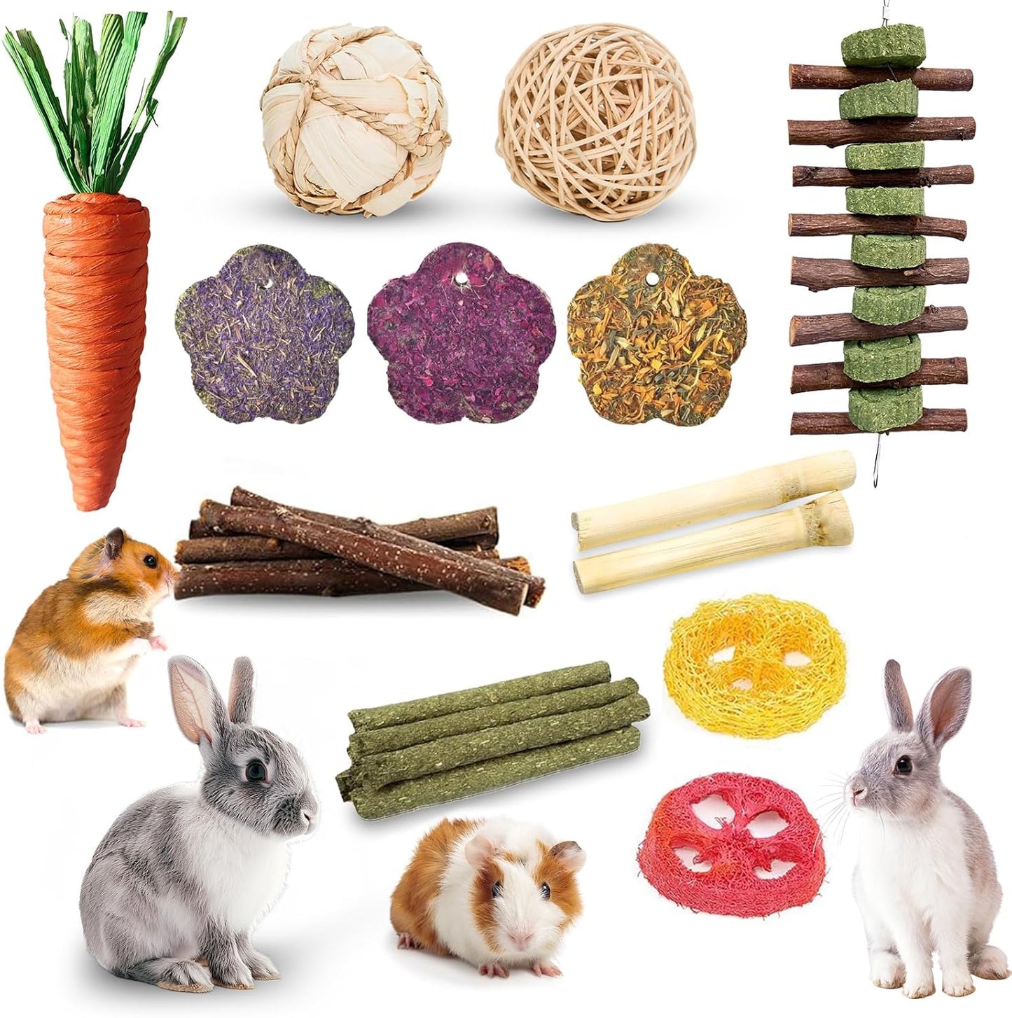 WDEFUN 21-Piece Natural Small Pet Chew Toys Set for Rabbits, Hamsters & Organic Grass Mat, Hay Sticks, Loofah Slices, Wooden Chews & More for Dental Health & Boredom Relief