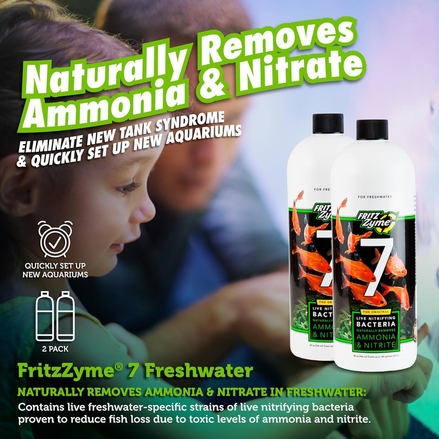 Fritz Aquatics FritzZyme 7 Live Nitrifying Bacteria Naturally Removes Amonia & Nitrite for Freshwater Fish (32-Ounce | 2-Pack)