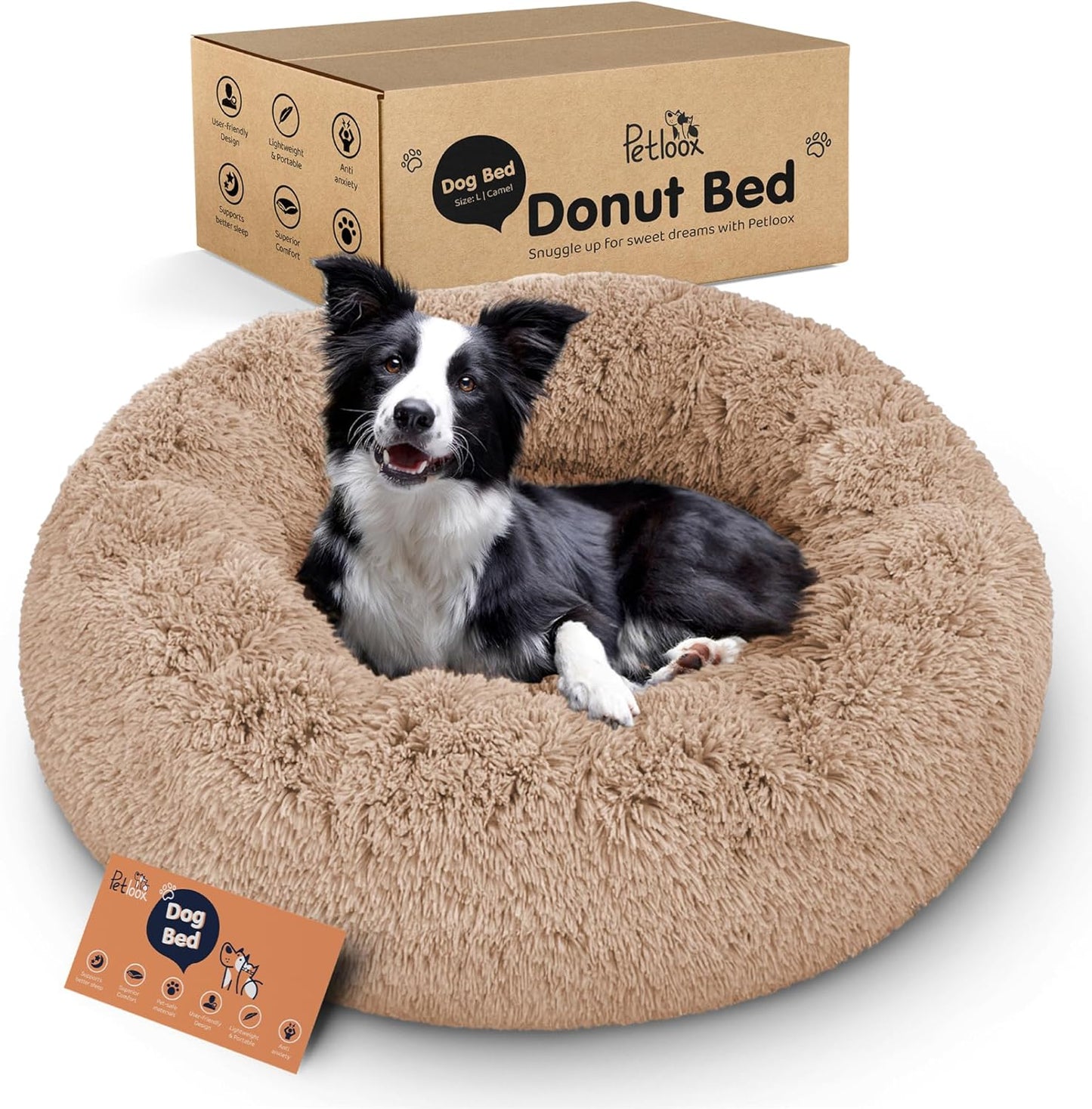 Donut Dog Bed - Premium Comfort for Anxiety Relief - Fluffy & Calming Design with Ultra-Plush Support | Cozy Round Dog Bed with Super Soft Circle Style (Size L Camel)