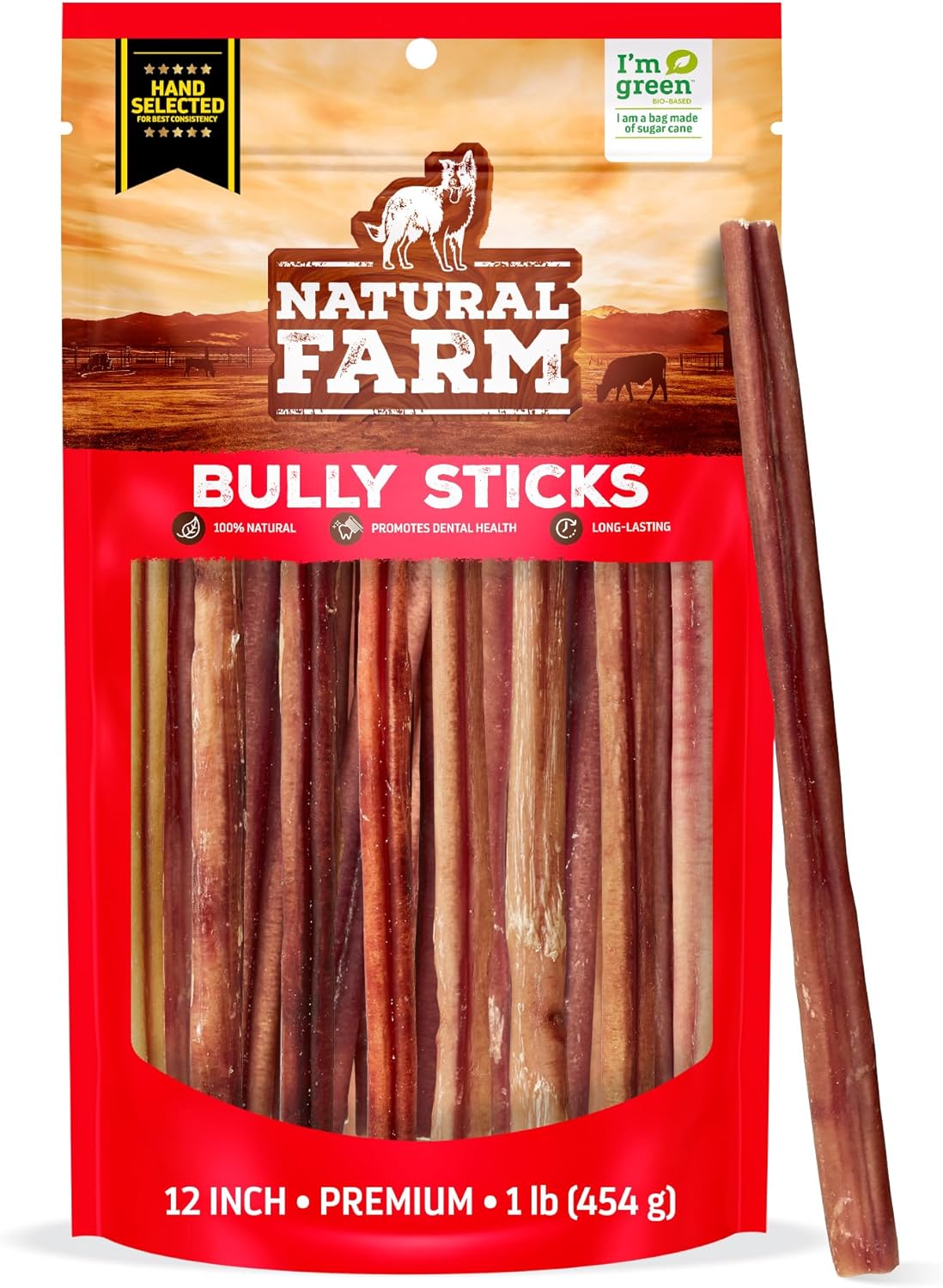 Natural Farm Odor-Free Select Bully Sticks, (12-Inch, 1-Pound), Hand Selected for Consistent Thickness, 100% Beef Pizzle Dog Chews, Fully Digestible, High Protein, Best Dental Treats