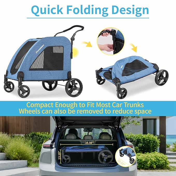 EchoSmile Heavy-Duty Large Dog Stroller with Shock-Absorbing Wheels, Foldable Pet Travel Carrier for Medium & Large Dogs, 5 Mesh Windows, 160 lbs Capacity, Easy Assembly & Storage
