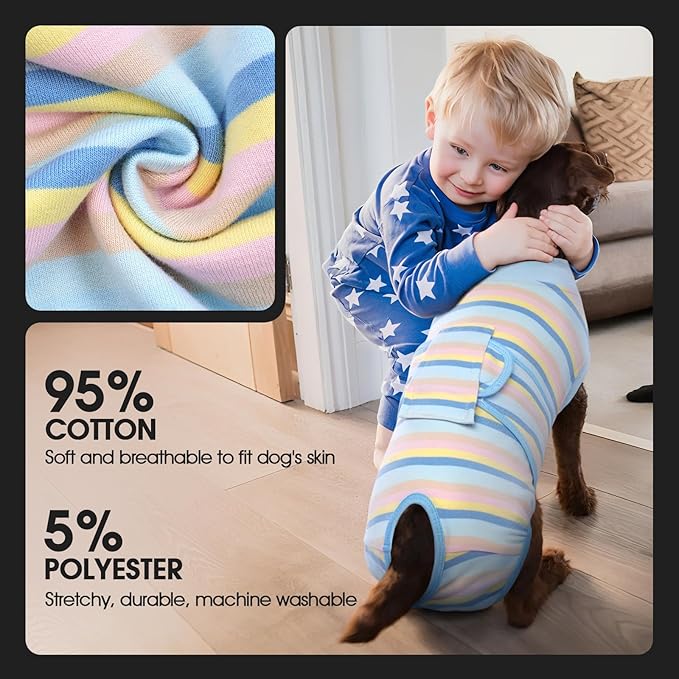 FUAMEY Recovery Suit for Dogs After Surgery,Soft Breathable Dog Bodysuit E-Collar & Cone Alternative Surgical Suit,Male Female Dog Neuter Spay Suits Anti Licking Wounds Onesie Blue Yellow Stripes XXL