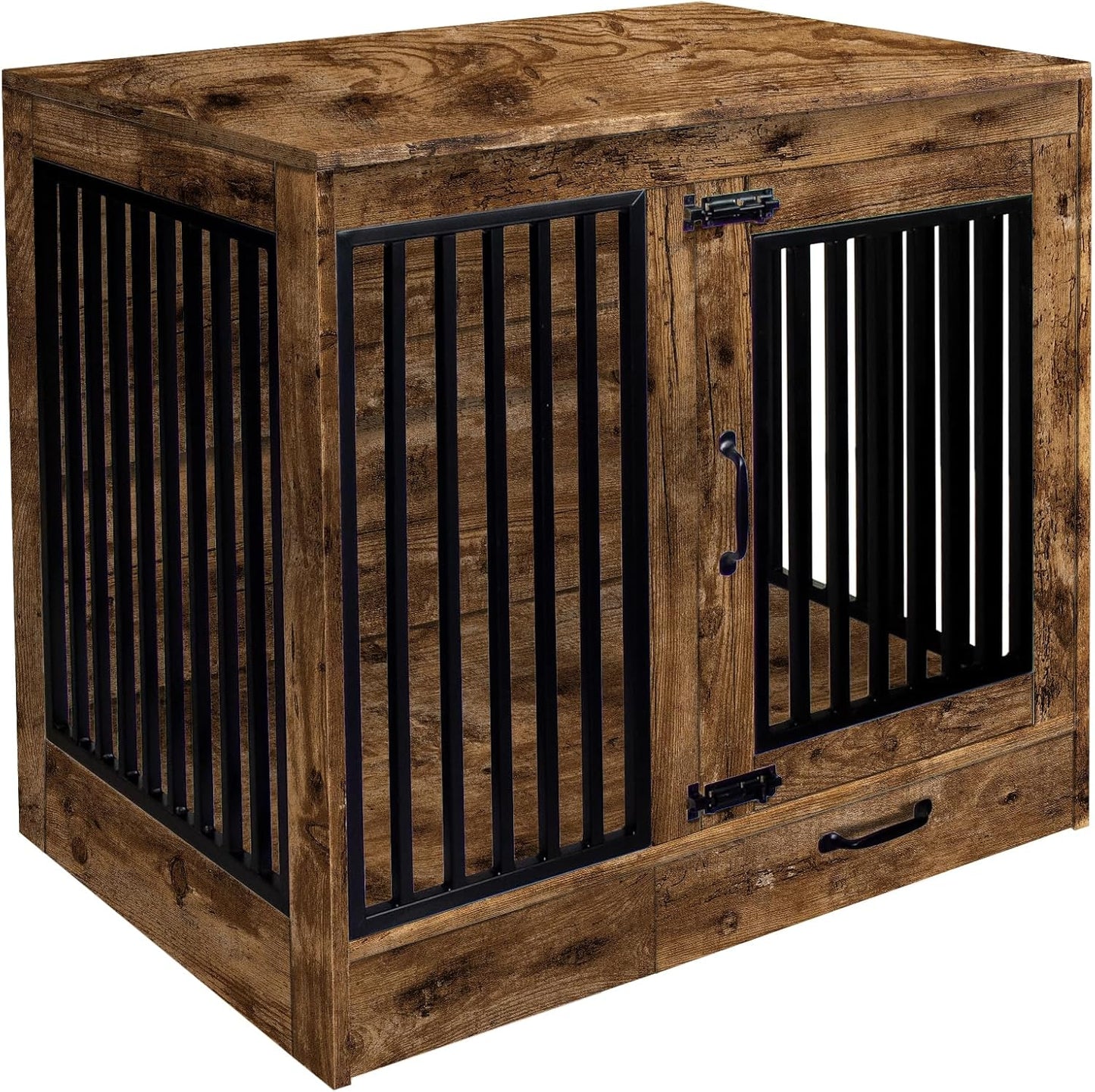Rustic Brown Heavy Duty Furniture Dog Crate, Wood and Metal Kennel Cage, Pet House End Table with Drawer and Pull-Out Design, Dog Home for Indoor use, Medium Size