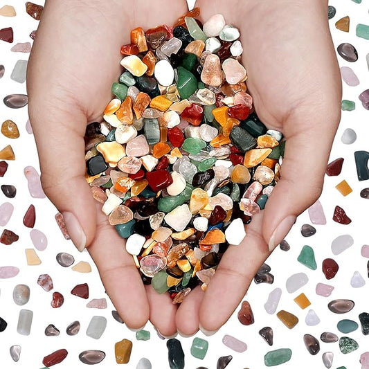 Mixed Crushed Crystal Chips Bulk 1lb 1200+Pcs Assorted Tumbled Stone Chips Natural Polished Mixed Chakra Aquarium Gravel Rocks for Plants Terrarium Supplies Fish Tank Gravel Pebbles Vase Filler